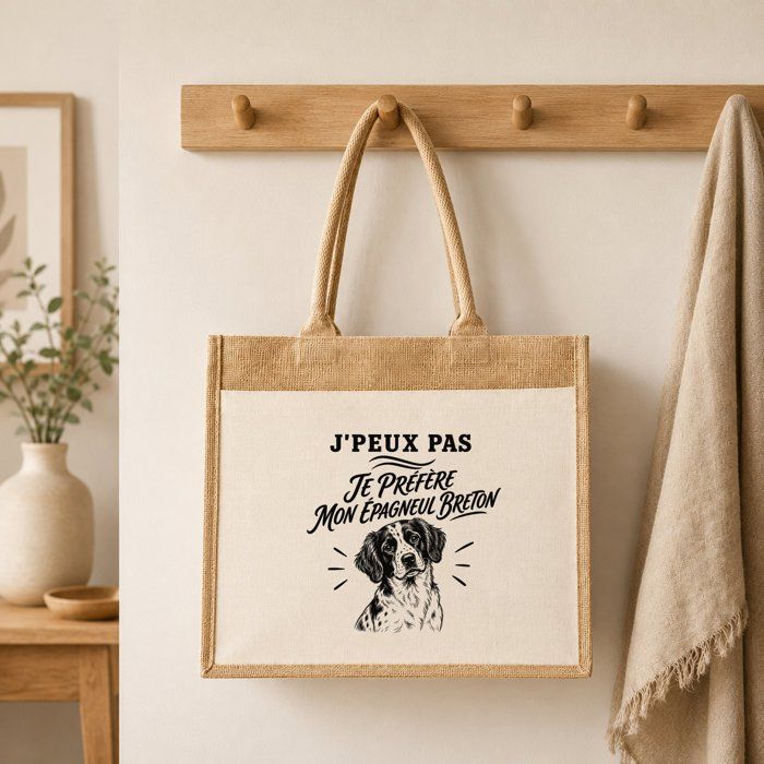 Sac cabas jute - PLANETEE - J'peux pas minimaliste - Épagneul Breton - Toile jute & coton - 21 L (43×33×21 cm)