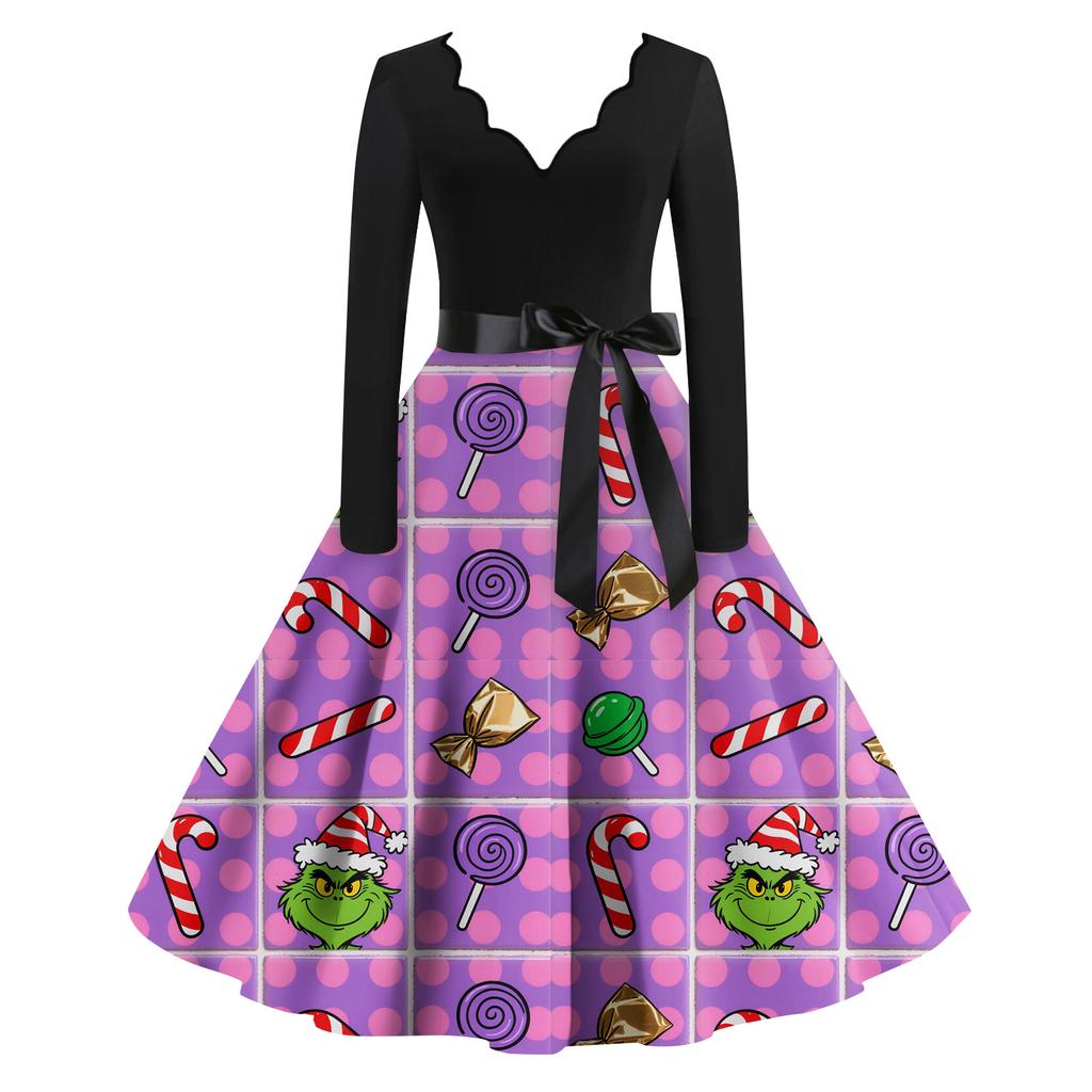 Ladies' Fashionable Retro Long Sleeved Square Neck Christmas Printed Evening Dress Dress