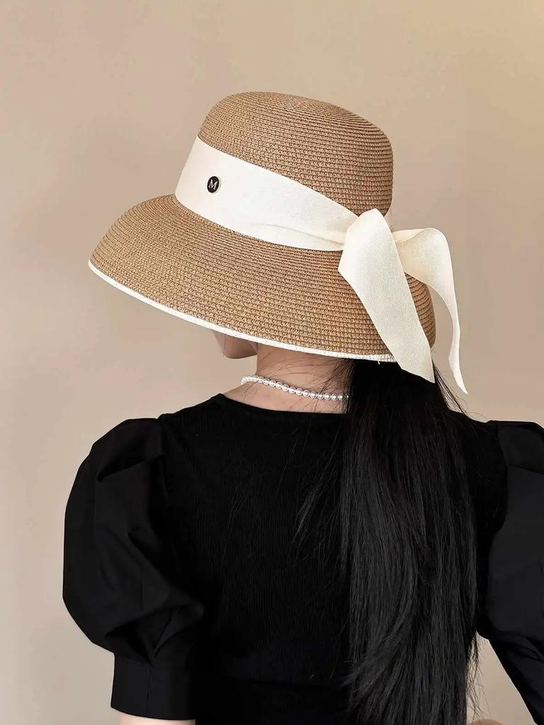 Women's French Retro Straw Sun Hat with Bow Detail - Hepburn Style Elegant Wide Brim UPF 50+ Sun Protection for Beach Vacation