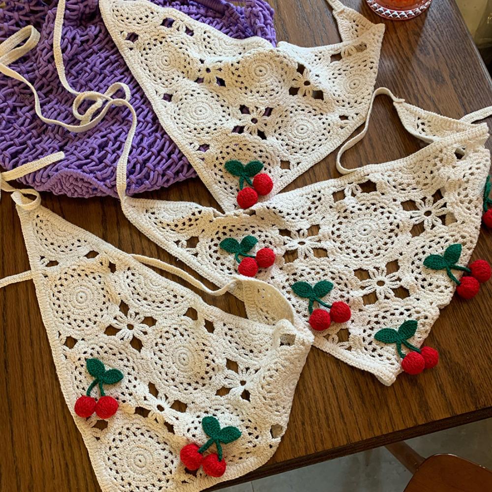 French Pastoral Style Triangle Headband Knitted Handmade Crochet Headscarf Hat Little Cherry Headband Towel Spring Summer