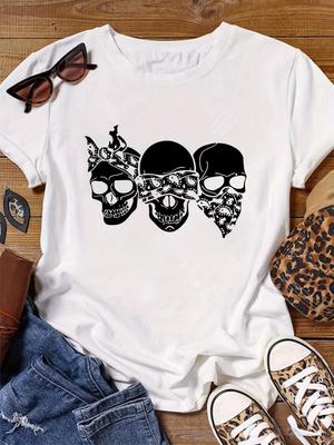 Unisex Three Skulls Print Crew Neck Short Sleeve Allseason Casual Tee