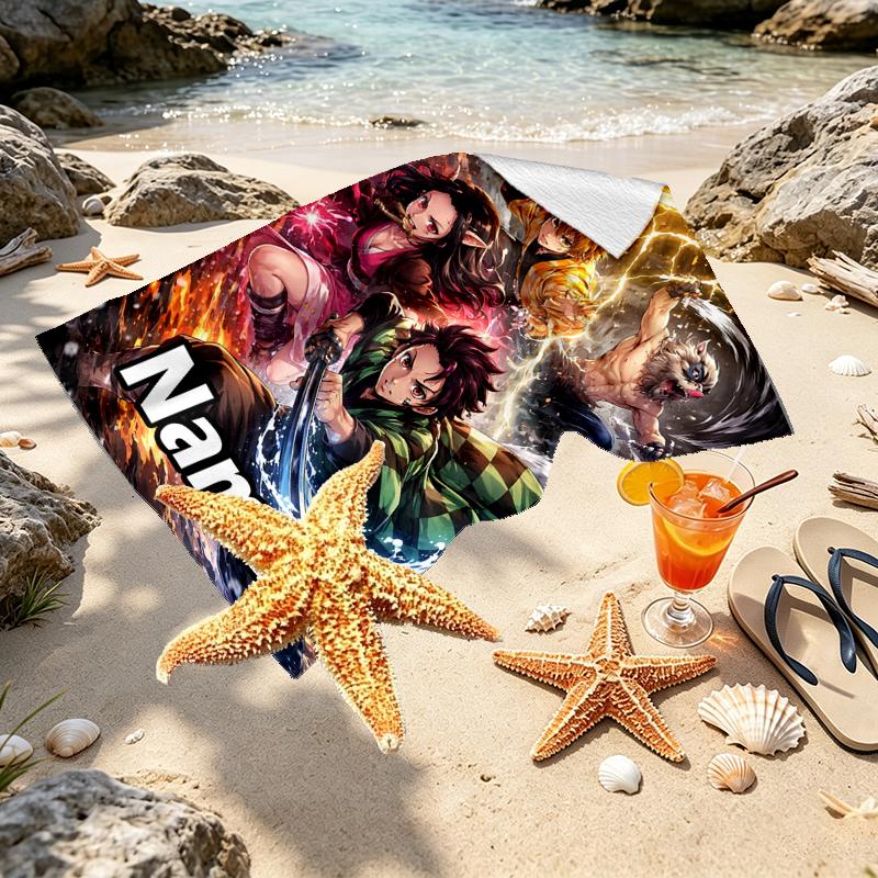 Custom Name Personalized Demon Slayer Print Beach Towel, for Trip Camping Beach Party Home Decor, Birthday Gift for Family & Friends