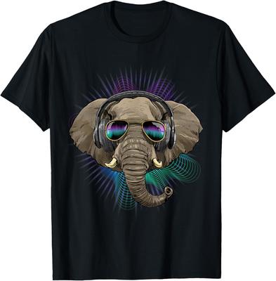 Music Elephant DJ Headphone Graphic Tee Retro Rave Festival T-Shirt for Men