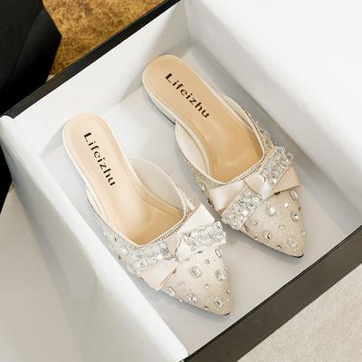 Zapatos Nuevos de Verano 2024 para Mujer Chancla Niña Lazo de Cristal Sandalias Casuales con Brillo para Exteriores Tacones de Niña Zapatos Mules