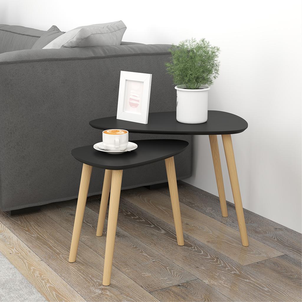 Set Of 2 Nesting Coffee Tables Scandinavian Design Wooden Legs And Wooden Top Black