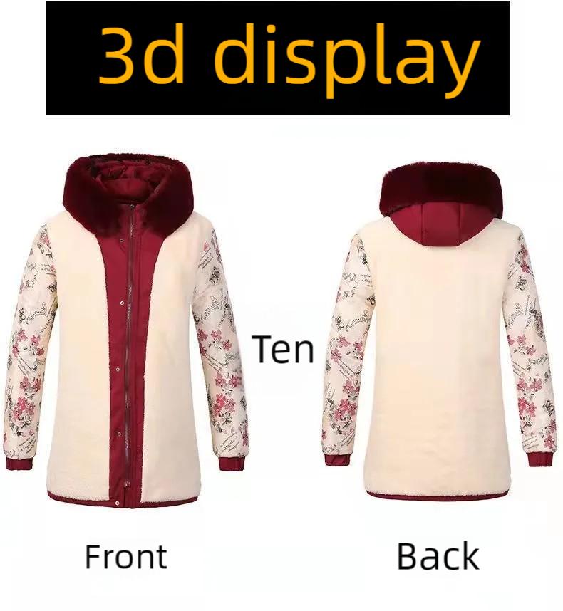 Women's Winter Fleece Padded Jacket Thick Warm Mid-Length Embroidered Hooded Padded Coat