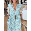 Vestido de Verão Feminino Boêmio com Decote em V, Estampa da Moda, Manga Lanterna, Cintura Alta e Saia Rodada