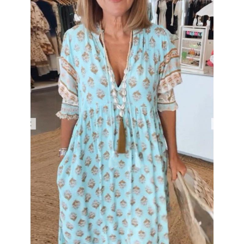 Vestido de Verão Feminino Boêmio com Decote em V, Estampa da Moda, Manga Lanterna, Cintura Alta e Saia Rodada