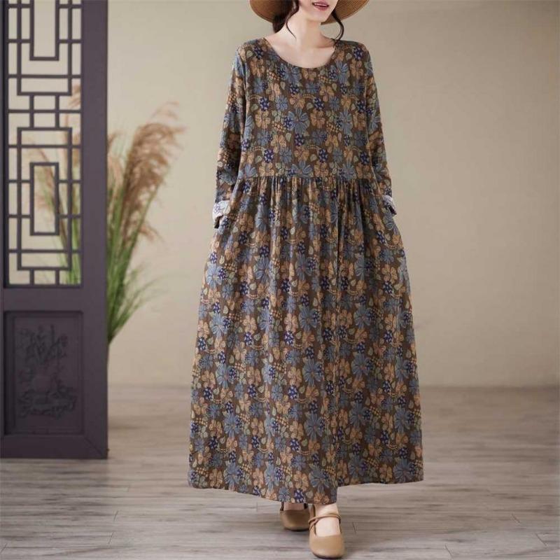Printed Round Neck Loose Plus Size Long Sleeve Plus Cover Up Dresses