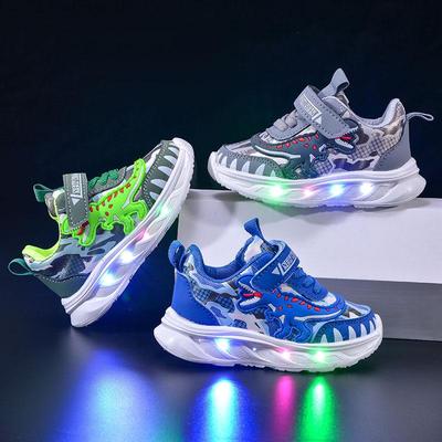 Scarpe Sportive Primaverili per Bambini Scarpe con Luci LED a Dinosauro dei Cartoni Animati Suola Morbida Sneakers Casual da Ragazzo