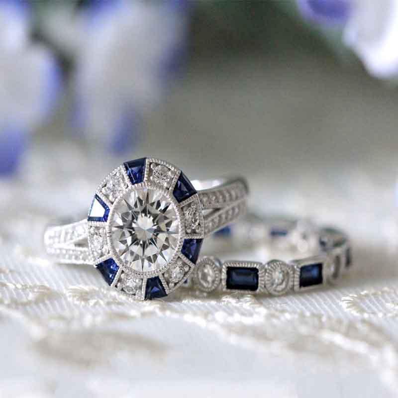Stunning Geometry-inspired Silver Plated Blue Sapphire And Topaz Wedding Ring Set