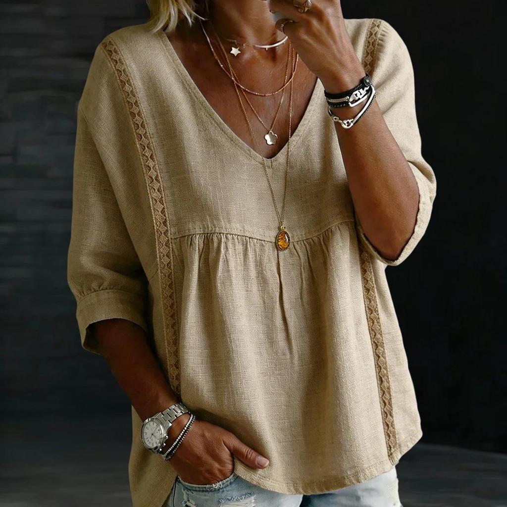 2026 Lace V-neck Women's Casual Three-Quarter Sleeve Pullover Top