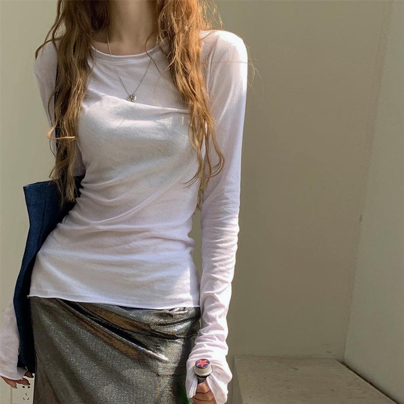 White Layered Modal Slouchy T-Shirt: Long-Sleeve, Slim Fit, Sheer, Sun Protection, Autumn/Winter.