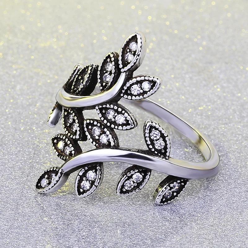 Beautifull Leaf Shape Ring with AAA Cubic Zirconia for Women Aneis Wedding Party Black Vintage Silver Bijoux Full Size
