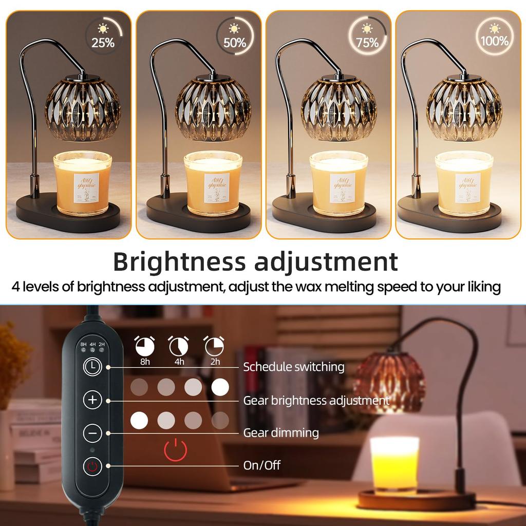 Candle Warmer Lamp with Timer, 4-Level Dimming, Black, for Aromatherapy Candles, Includes 2 Bulbs, Perfect Gift