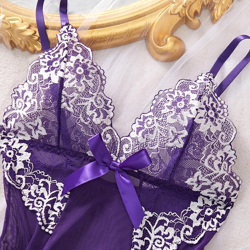 New Sexy Women's Purple Lace Nightgown Set See Through Suspender Deep V Pajamas Dress Erotic Babydolls Sexy Honeymoon Lingerie