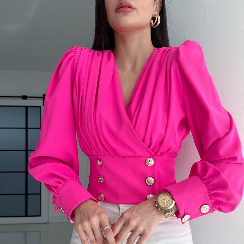 

Bubble Sleeve Shirt Fashion Shirt Women s V-neck Sexy Long Sleeve Short Waist-Tight Puff Sleeve Shirt Rose Red S
