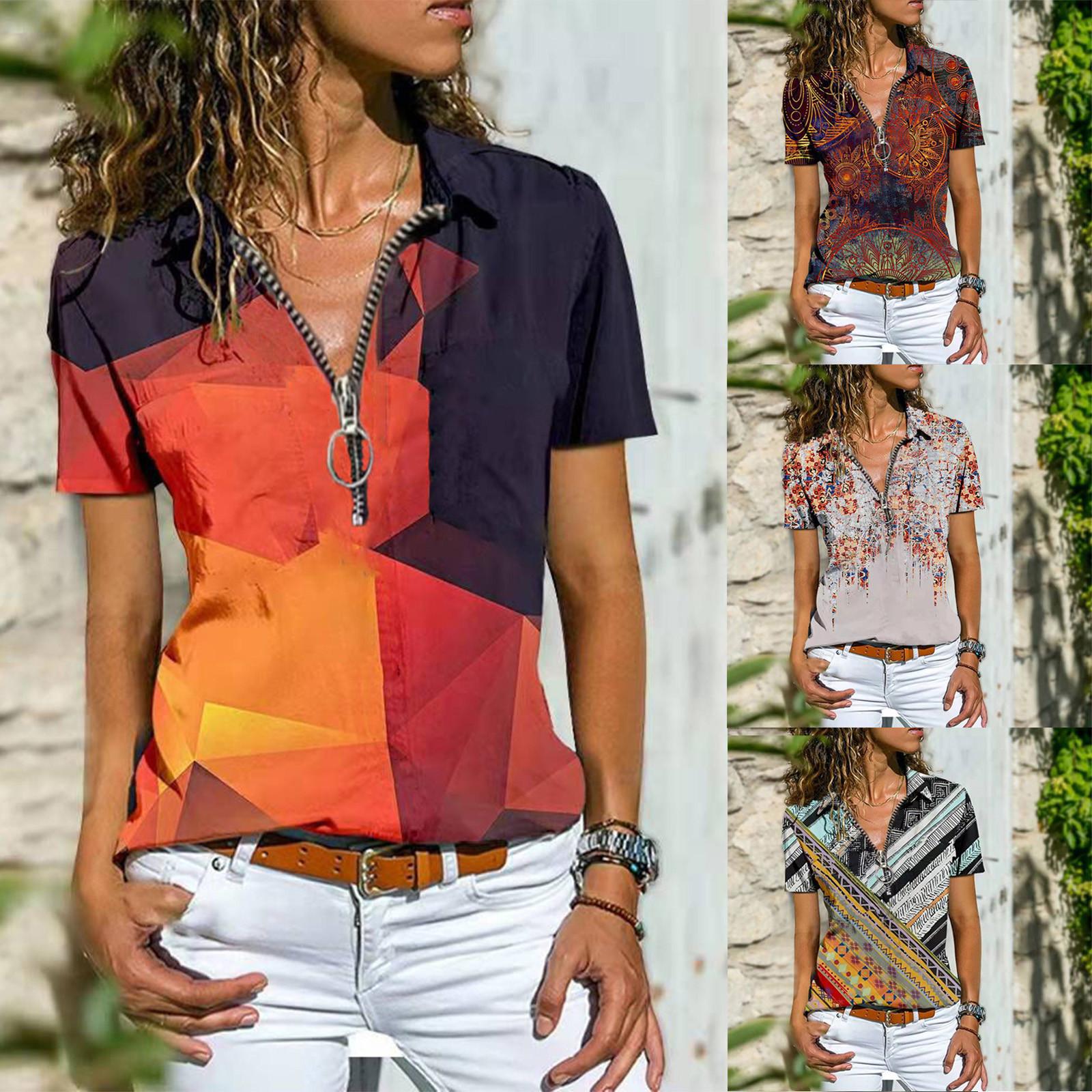 

Модная женская повседневная футболка на молнии в богемном западном этническом стиле с коротким рукавом