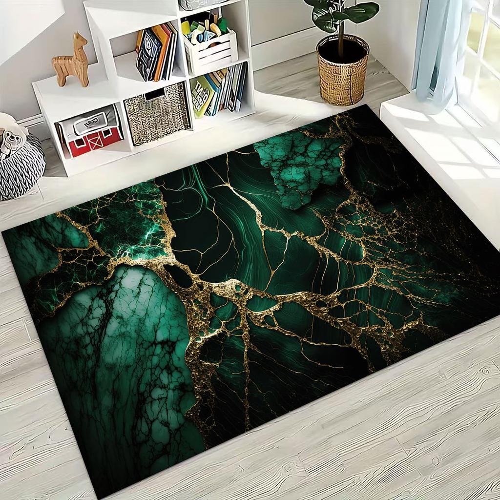 2026 Luxurious Marble Black Green Gold Colorful Stone Texture Rug for Bedroom Living Room Sofa Home Doormat Decor,Non-slip Mat
