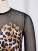 Children’s Latin Dance Competition Dress Leopard Print Fringe Long Sleeve Keyhole Back Mesh Patchwork Sparkling Rhinestone Tassel