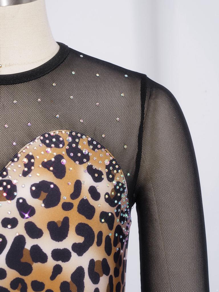 Children’s Latin Dance Competition Dress Leopard Print Fringe Long Sleeve Keyhole Back Mesh Patchwork Sparkling Rhinestone Tassel
