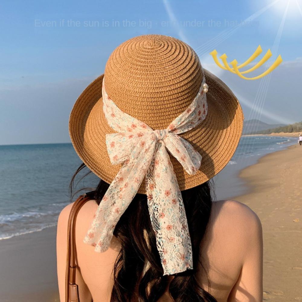 Large Brim Lace Bowknot Straw Hat Adjustable Wide Brim Sun Hat Fashion Flower Fisherman Cap Unisex