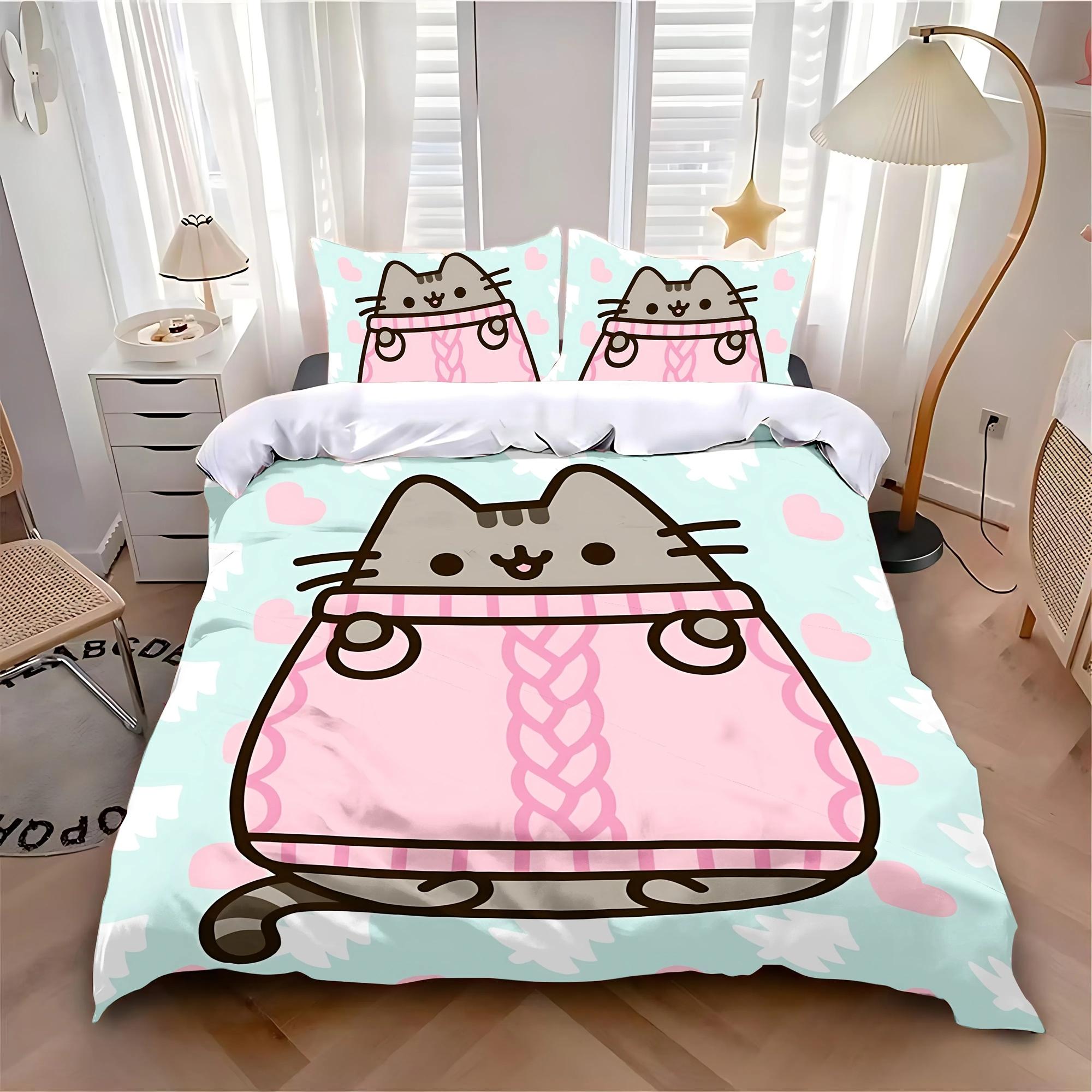 

-Cat Cartoon Duvet Cover Pillowcase Bedding Set Adult Boy Girl Bedroom Decoration Children Single Double Large Size 135x200cm&set