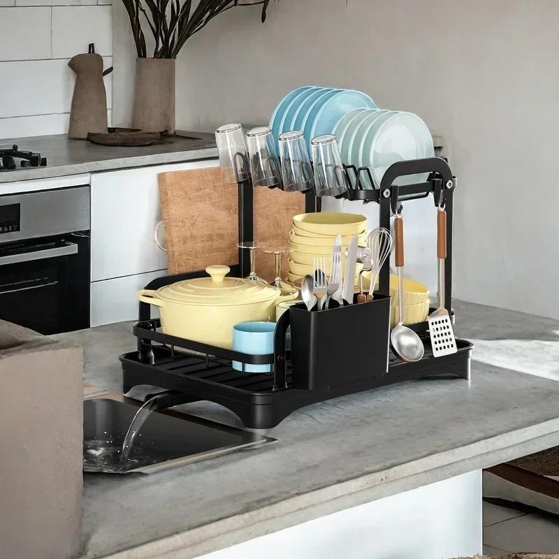 Kitchen Dish Bowl Drainer Storage Rack Kitchen Dish Drying Rack with Drain Basket Countertop Dinnerware Organizer Drainboard