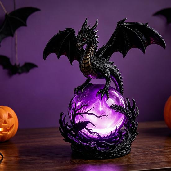 Dragon Faux Crystal Ball Lamp Gothic USB Night Light Dark Fantasy Resin Decor