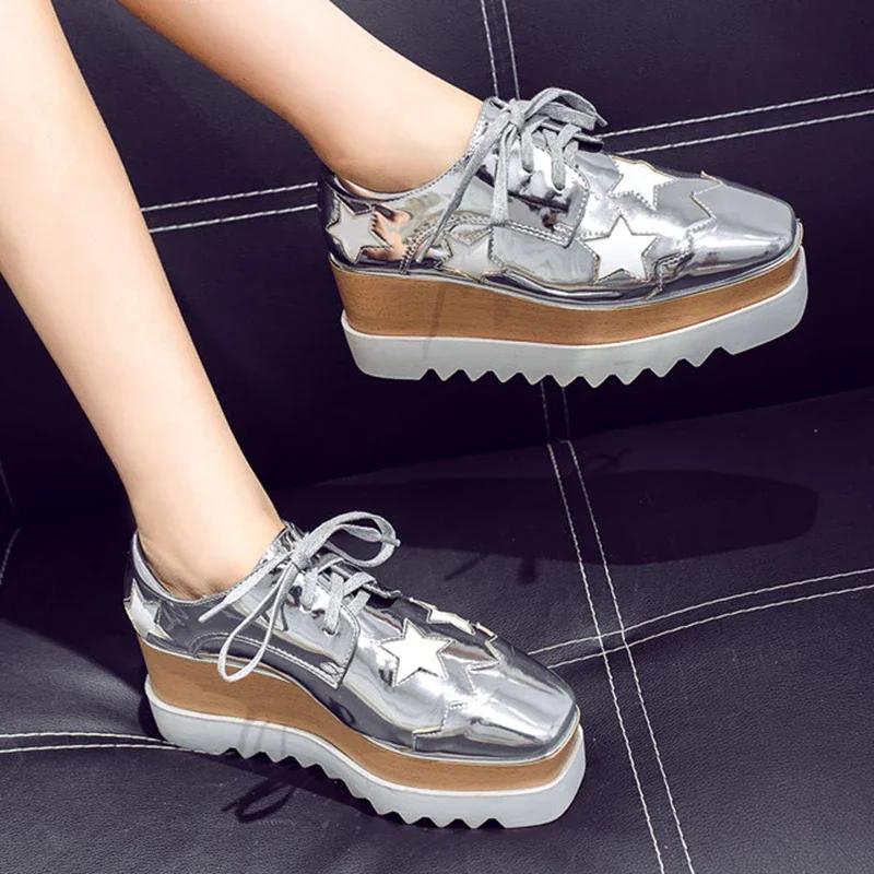 Stars Chunky Platform Brogue Shoes Women Lace Up Thick Sole Patent Leather Shoes Woman Non Slip Wedges Oxford Flats