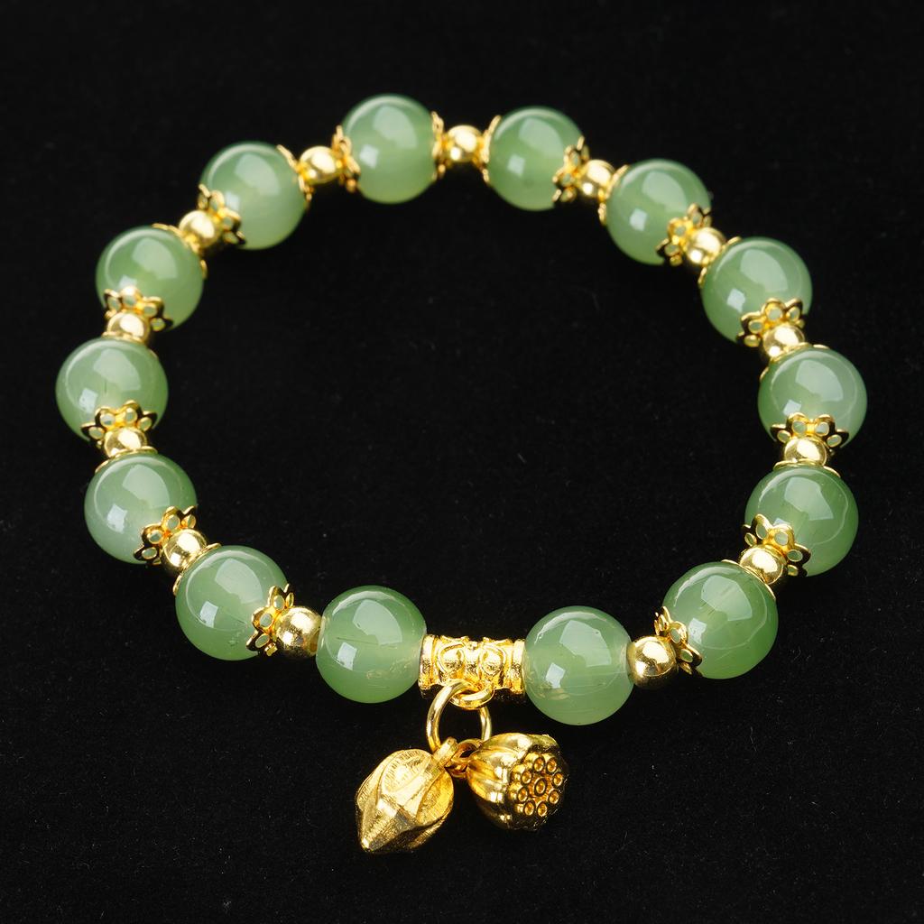 Women Bracelet with Elastic Cord Glass Beads Lotuses Flower Pendant Wristchain Traditional Chinese Style Handchain