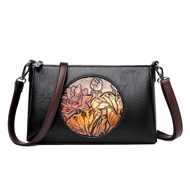 Женская ретро тисненая сумка через плечо с лотосом, мягкая кожаная сумка-кроссбоди для женщин, повседневная сумка-тоут, винтажная цветочная сумочка для работы, повседневного использования чёрный