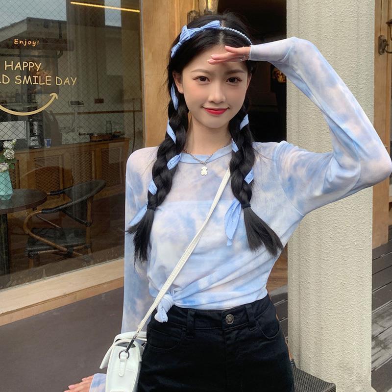 

Одежда для защиты от солнца Внутренняя футболка с длинным рукавом тай-дай Женская летняя сетчатая базовая майка Тонкий топ из ледяного шелка Накидка 2XL