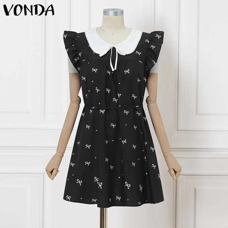 

VONDA Женское летнее платье мини с кукольным воротником без рукавов с принтом, повседневное плиссированное XL чёрный