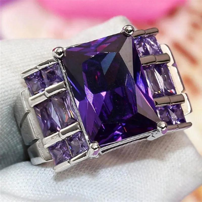 

Purple Rhinestone Crystal Rings For Women Girl, Fashion Silver Color Statement Rings, Wedding Engagement Jewelry Christmas Gifts 9