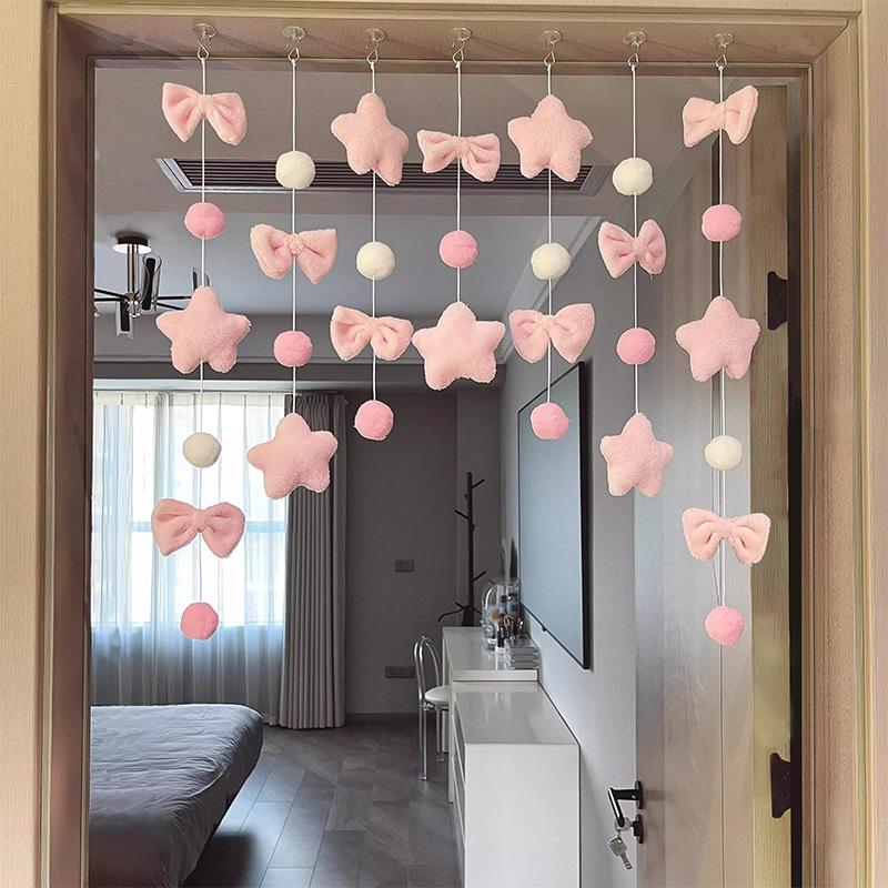 Pink Plush Heart Hanging Ornaments 26Pcs Soft Fluffy Decor with Free Strings for Kids Room Nursery Playroom Decoration