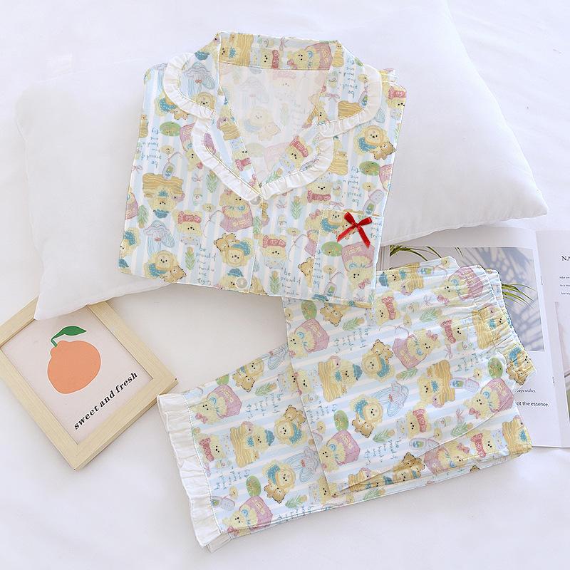 Women's pajamas spring and autumn imitation cotton sweet lace long-sleeved cartoon bow small fresh loungewear set