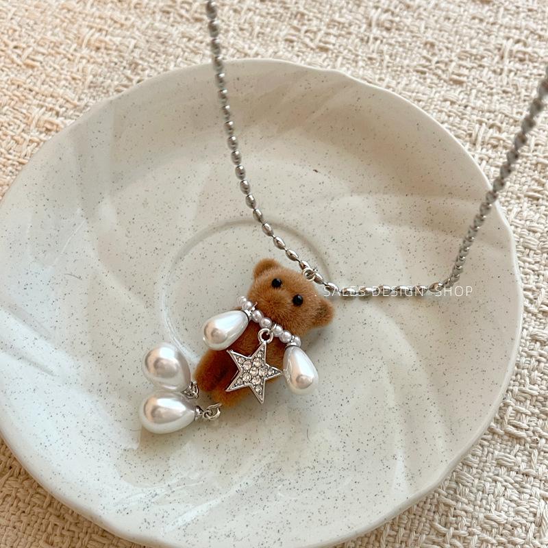 Vintage Flocked Teddy Bear Puppy Pendant Necklace - Elegant Sweater Chain for Women