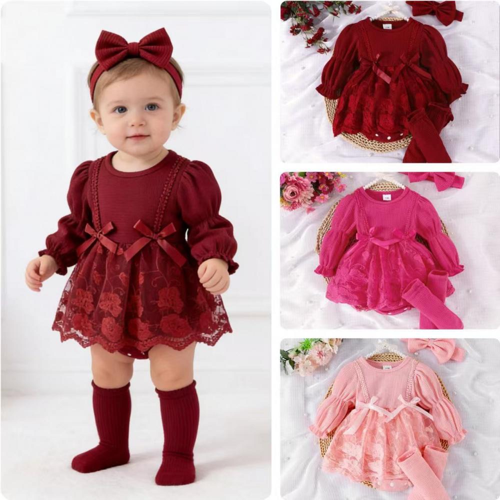 Baby- und Kleinkindkleidung Koreanischer Stil Herbst Waffel Laternenärmel Netz-Strampler mit offenem Schritt + Fußsocken + Kopfbedeckung