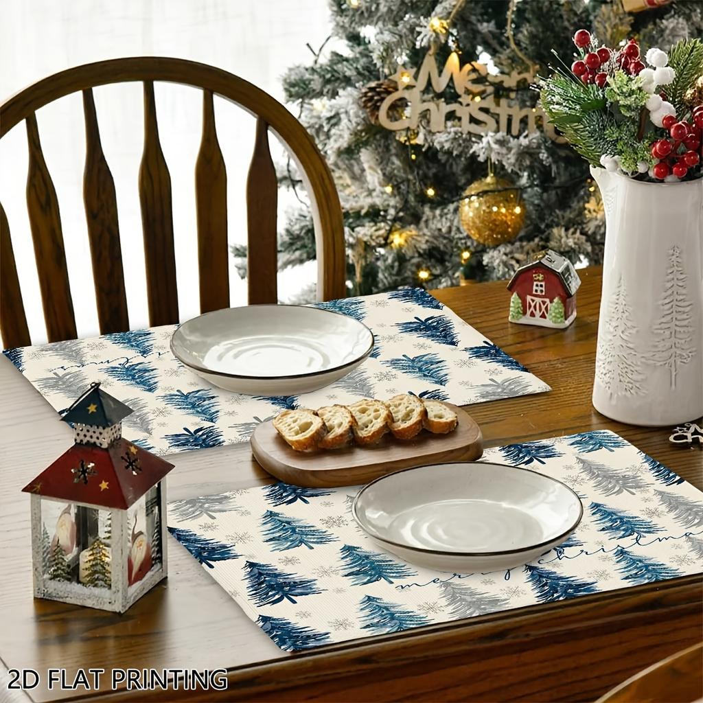 4pcs/6pcs, Christmas Blue Watercolor Pine Table Mats, Home Kitchen Placemats, Suitable for Farmhouse Table Mats, Home Kitchen Decorations, Holiday Dec