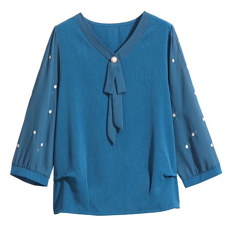 Summer Middle-aged Fashionable Temperament V-neck Ribbon Embroidered Seven Quarter Sleeve Chiffon Shirt Top for Women