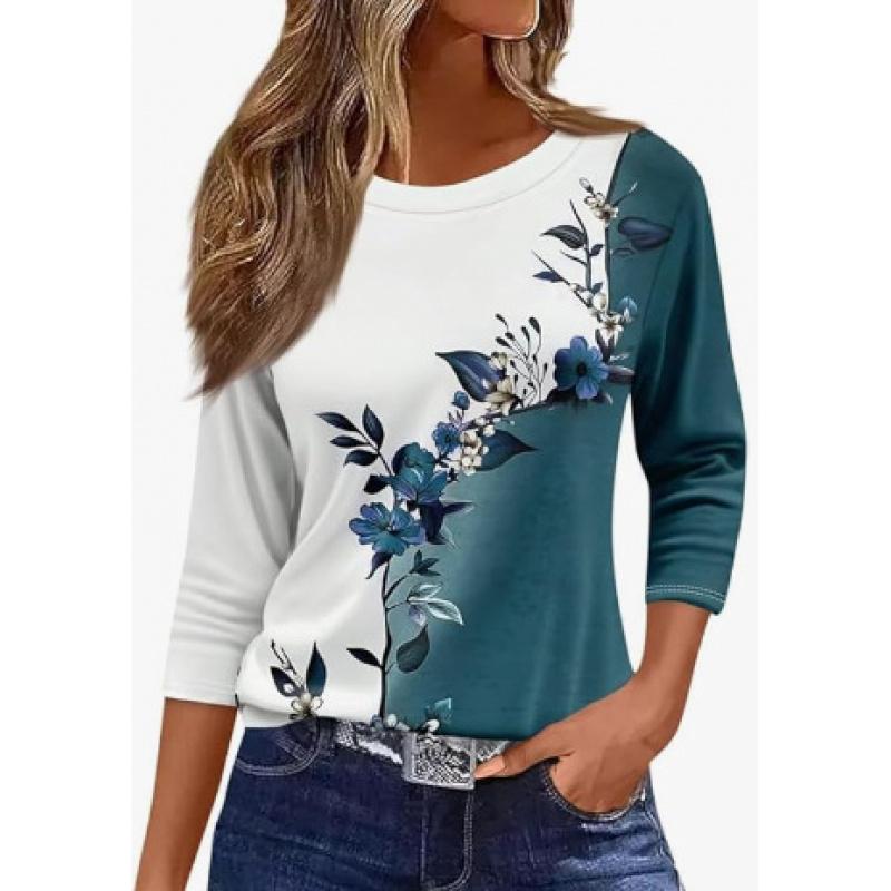 Spring and Summer New Women's Slim Fit Imitation Cotton Round Neck Printed Solid Color Three-quarter Sleeve Long Sleeve