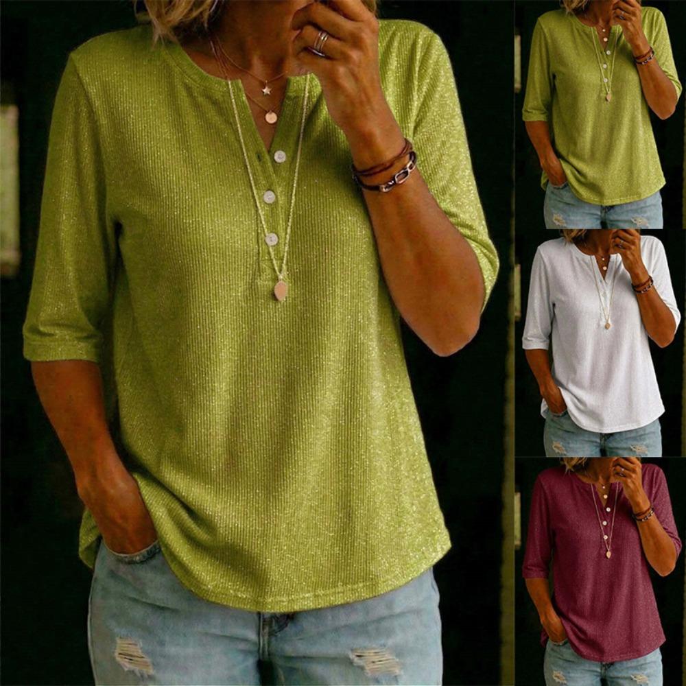 Damen Henley-Hemd mit V-Ausschnitt, Dreiviertelärm, locker, lässige Bluse
