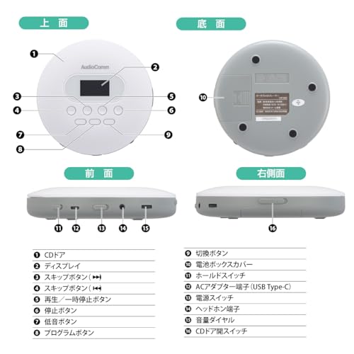 OHM AudioComm Portable CD Player with Stereo Earphones, Battery Operated, USB Powered, White, English Listening, Language Learning, Eiken, TOEIC Prepa