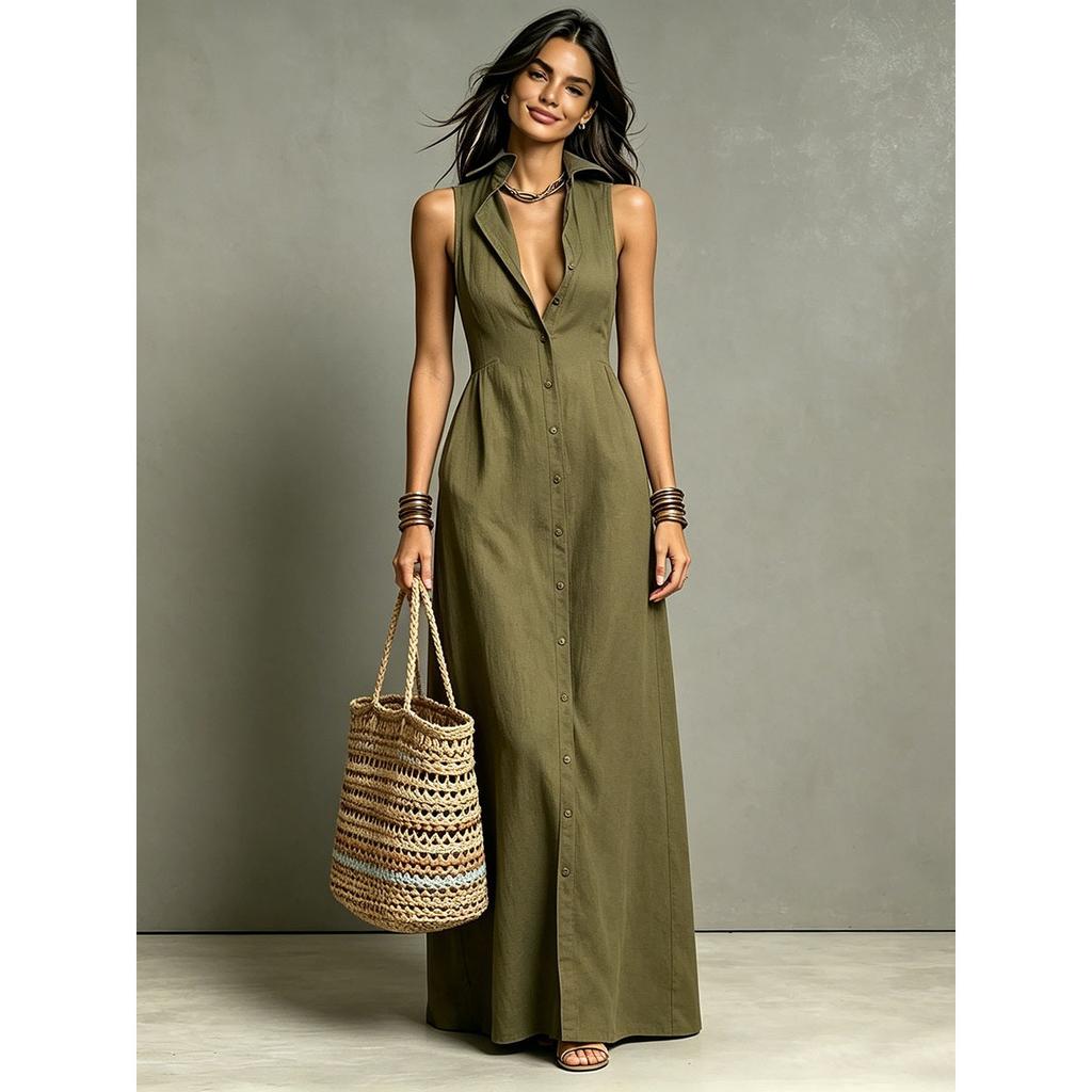 Women's Turn Down Collar Sleeveless Loose Fit Mid Waist Maxi Shirt Dress Casual Long Dress