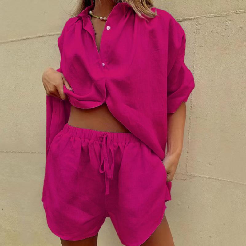Summer Women's Solid Color Single-breasted Short-sleeved Shirt Two-piece Wide-leg Pants  Shorts