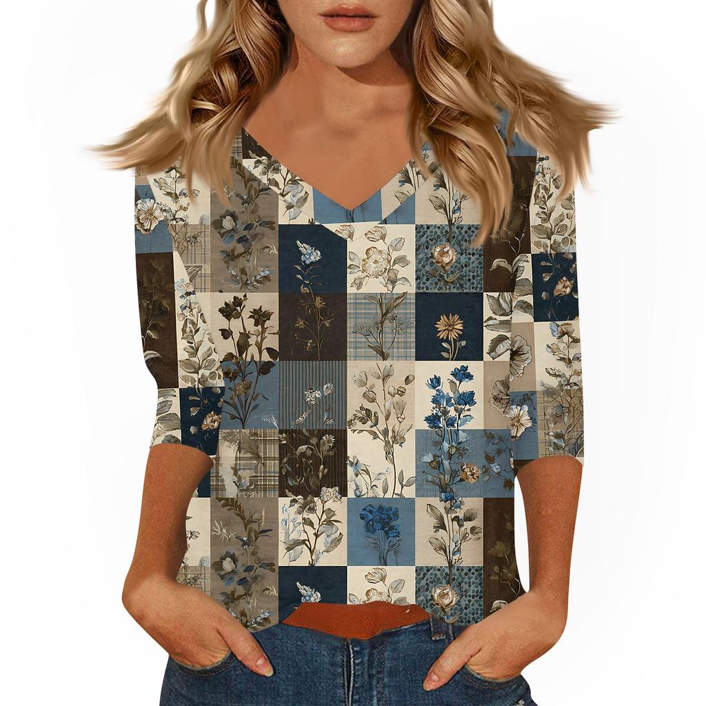 Women's T Shirt Print 3/4 Sleeve Daily Weekend Fashion Basic V- Neck Regular Top
