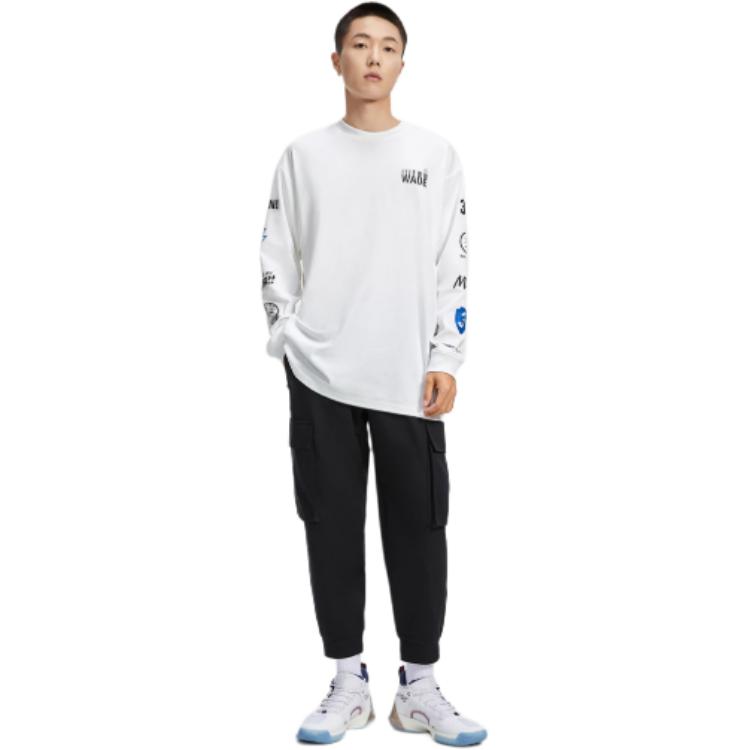 Li Ning Wade Series Printed Loose Round Neck Pullover Sweatshirt Men sweatshirt Standard-White AHSR497-3