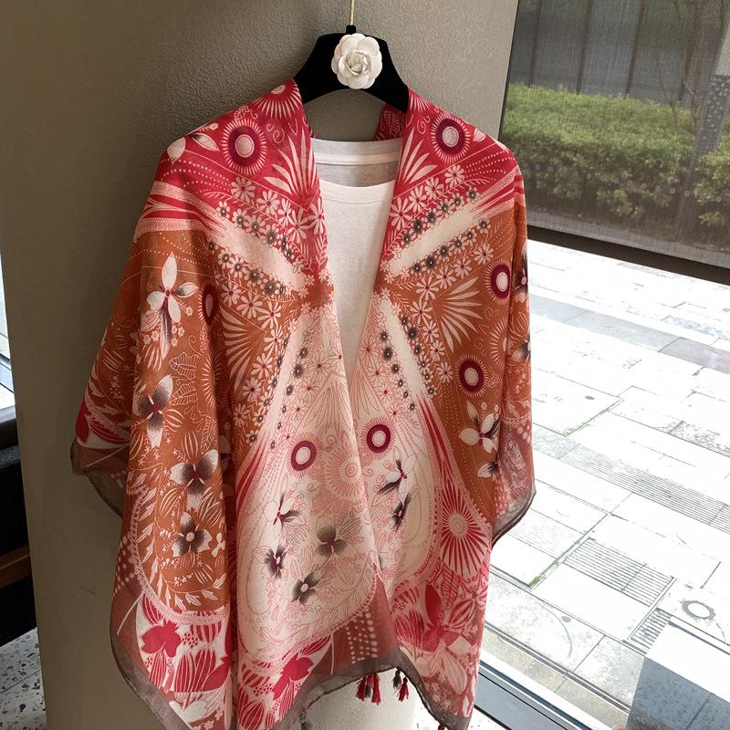 Old Qian Feng Cashew Nut Silk Scarf Women'S Spring, Autumn Winter Collocation Baotou Neck Protector Hanging Beard Ethnic Style Scarf Cardigan Shawl
