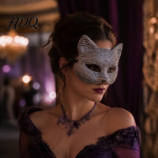 Cosplay Costume Props Full Rhinestone Halloween Mask Sparkling Skull And Cat Face Half Mask Adjustable Elastic Straps for Carnival Theme Dances Shiny